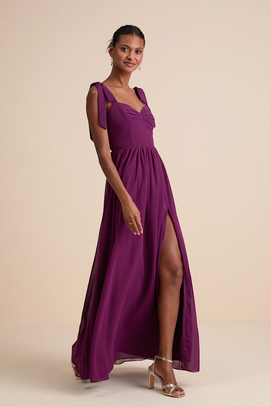 Radiant Charisma Plum Chiffon Ruched Tie-Strap Maxi Dress