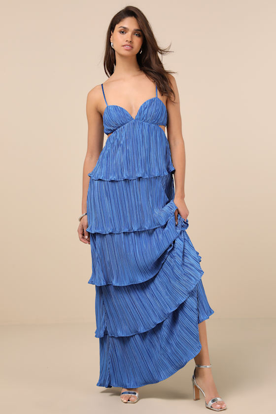 Kanya Blue Satin Plisse Tiered Maxi Dress
