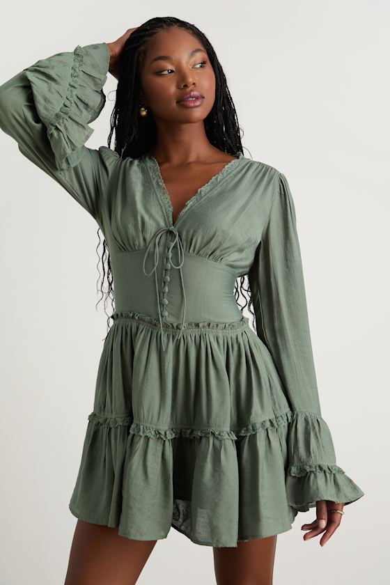 Ayaana Sage Green Long Sleeve Tiered Mini Dress