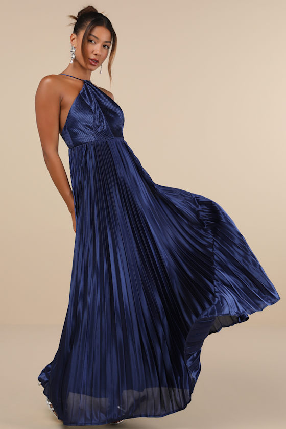 Elaborate Charm Navy Blue Satin Pleated Backless Maxi Dress
