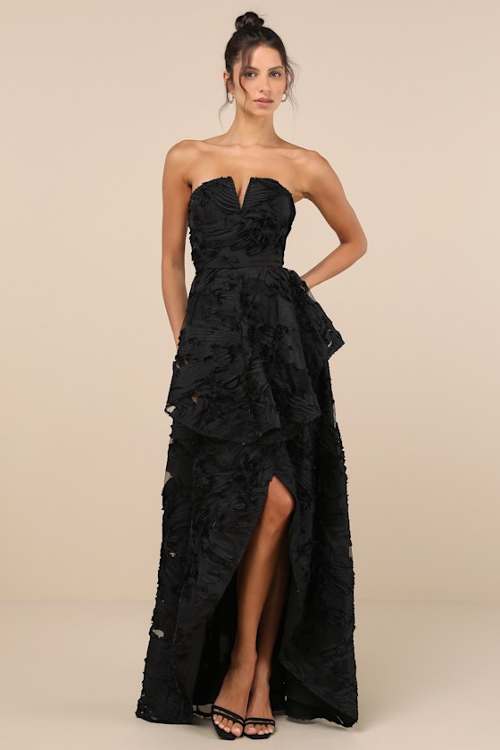 Majestic Glam Black Strapless Textured High-Low Maxi Dress