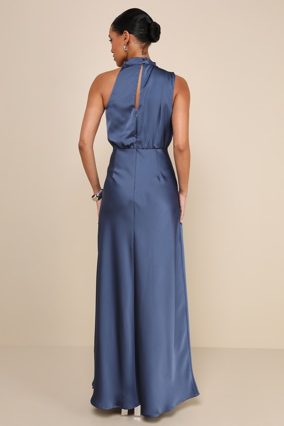 Distinctive Charm Slate Blue Satin Asymmetrical Maxi Dress
