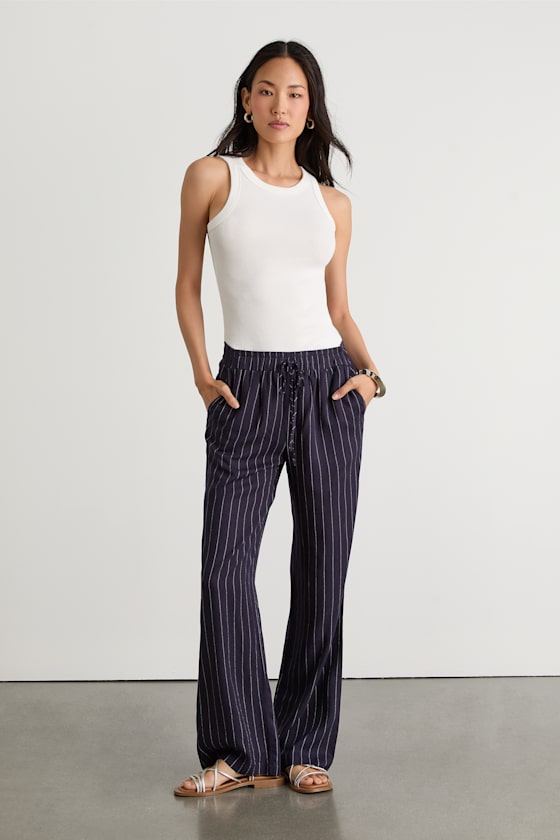Aravah Navy Pinstriped Linen Wide-Leg Pants