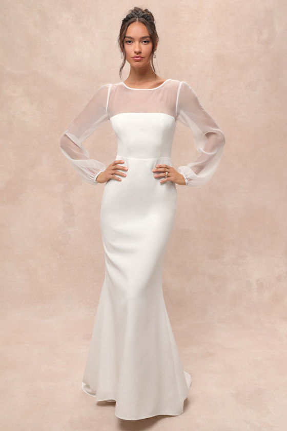 Immaculate Romance White Sheer Organza Long Sleeve Maxi Dress