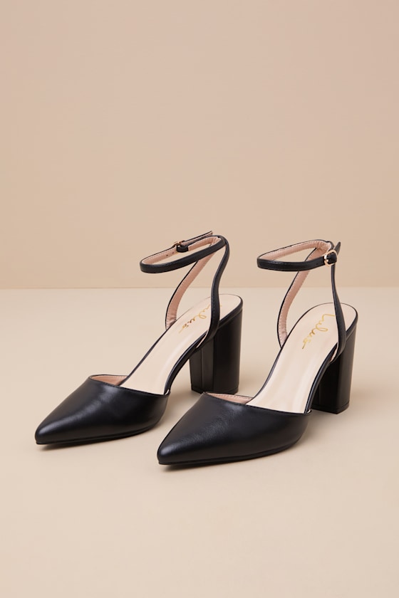 Embley Black Pointed-Toe Ankle Strap Pumps