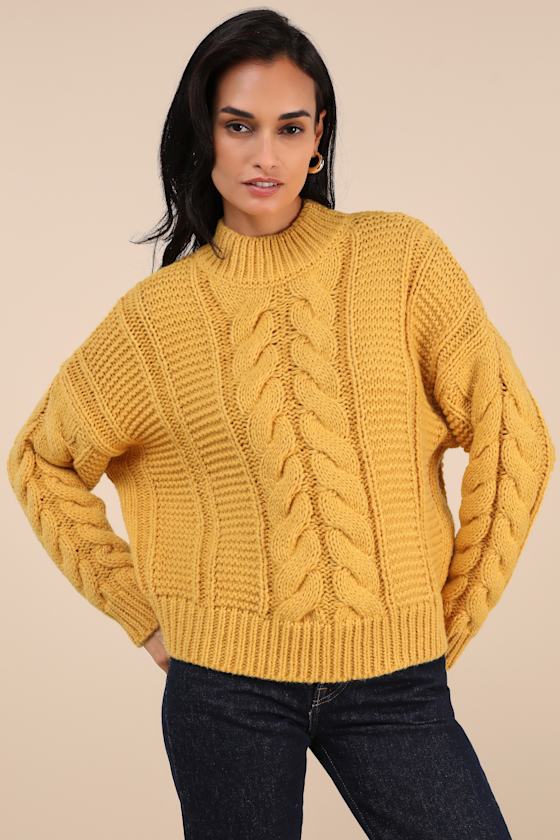 Timeless Warmth Mustard Yellow Cable Knit Pullover Sweater