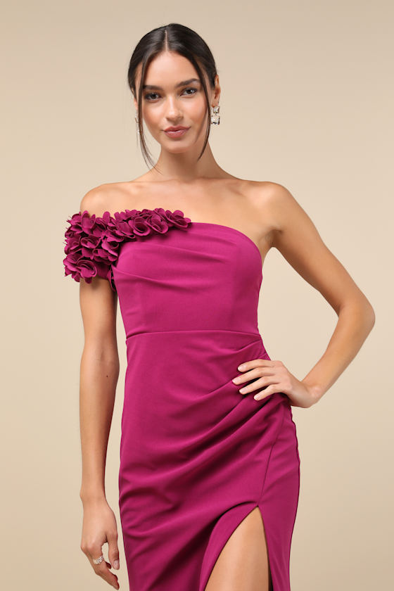 Beyond Elegant Magenta 3D Floral One-Shoulder Maxi Dress