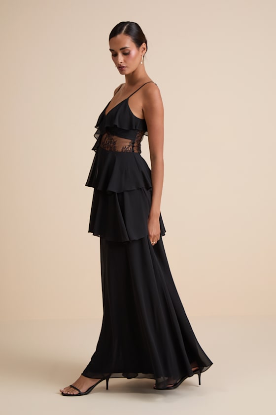 Dalena Black Ruffled Lace Maxi Dress