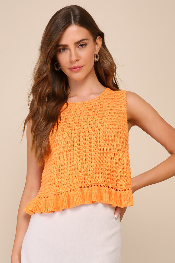 Flouncin' Around Orange Cropped Ruffled Sweater Tank