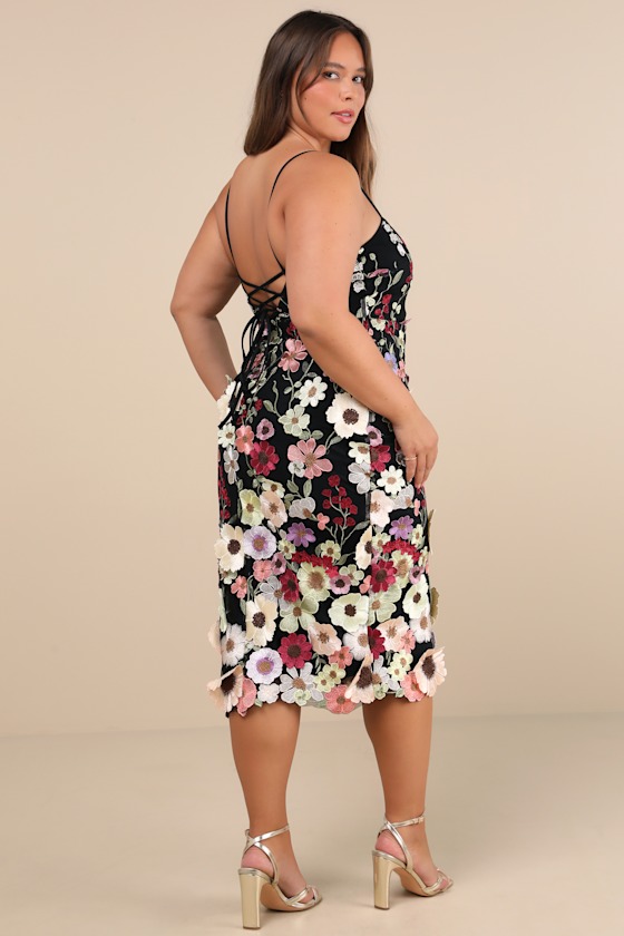 Thriving Energy Black 3D Floral Embroidered Lace-Up Midi Dress