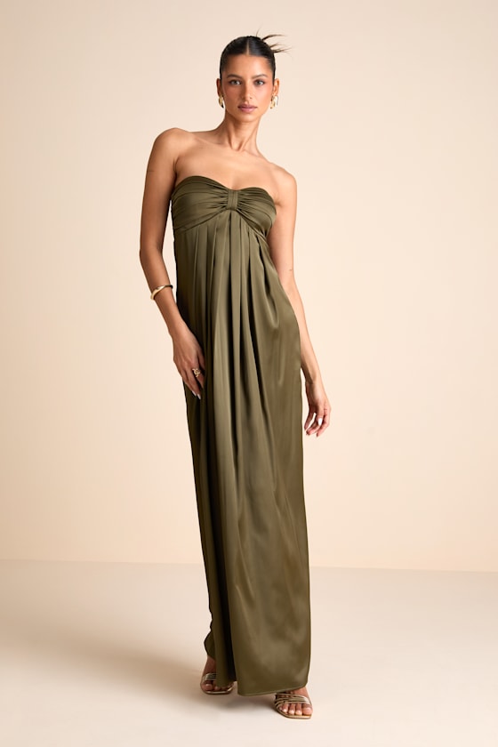 Memorable Entrance Olive Green Strapless Satin Maxi Dress