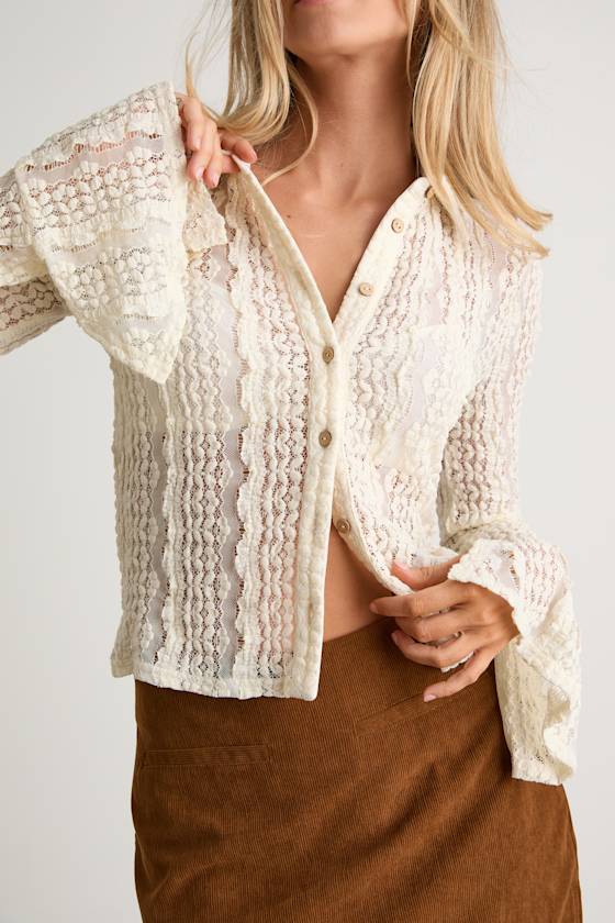 Malisa Cream Textured Lace Button-Front Long Sleeve Top