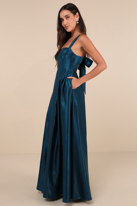 Immaculate Aura Shiny Dark Teal Taffeta Maxi Dress With Pockets