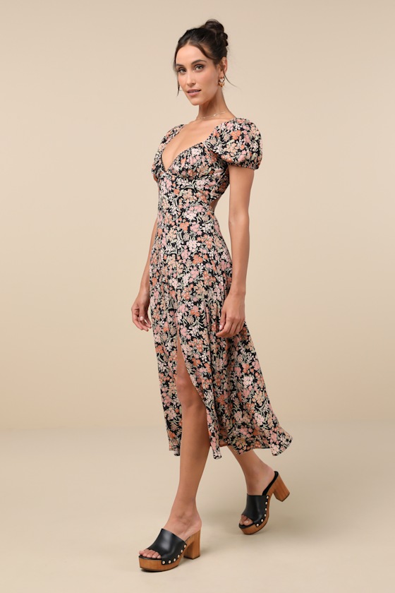 Meadow Muse Black Floral Tie-Back Puff Sleeve Midi Dress