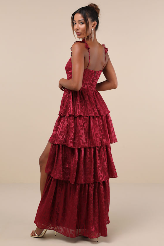 Stunning Glory Wine Red Floral Jacquard Tiered Maxi Dress