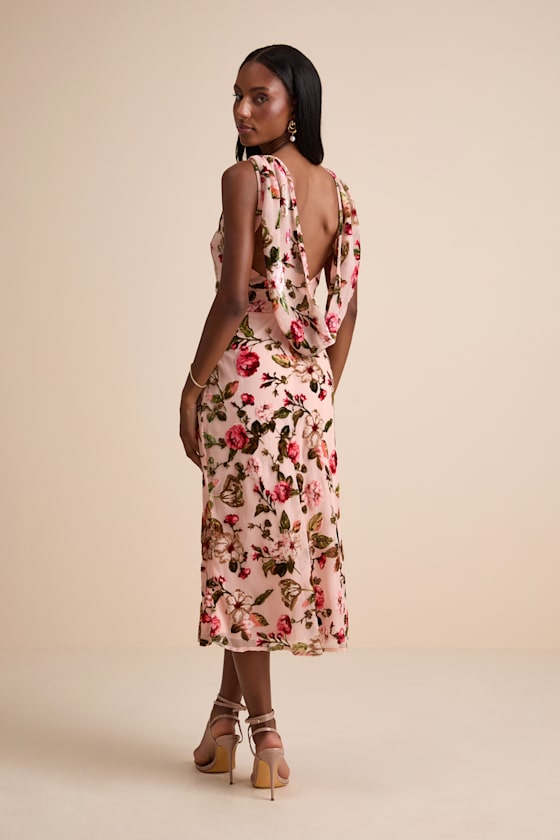 Florina Blush Floral Velvet Floral Burnout Cowl Back Midi Dress