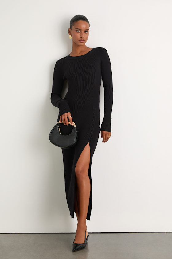 Refined Attitude Black Ribbed Side Button Midi Sweater Dress