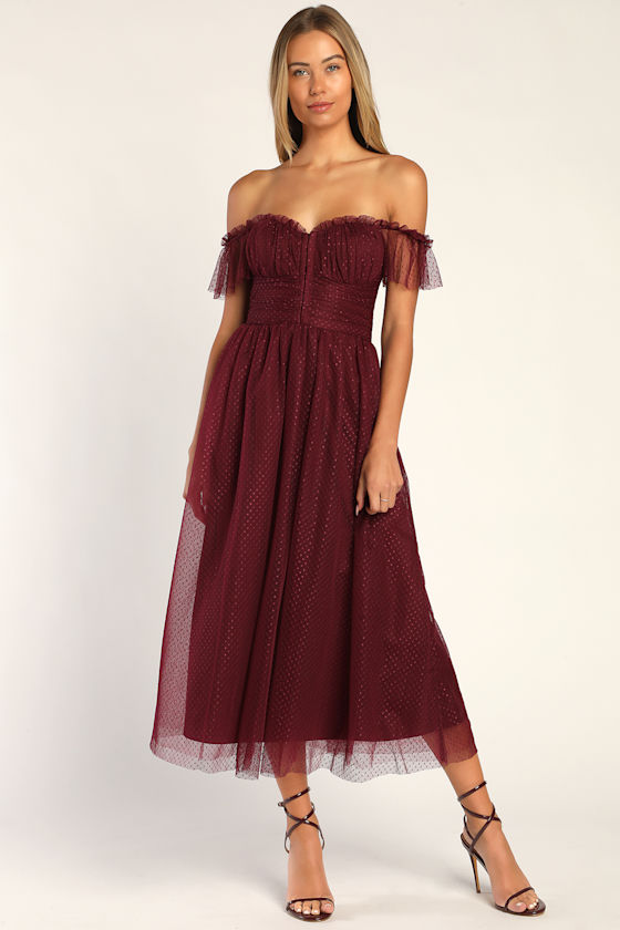 Regal Radiance Burgundy Tulle Bustier Midi Dress