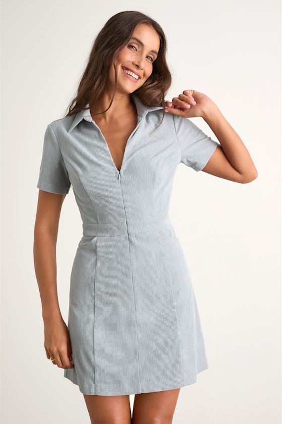 Go-Getter Light Blue Corduroy Mini Dress With Pockets