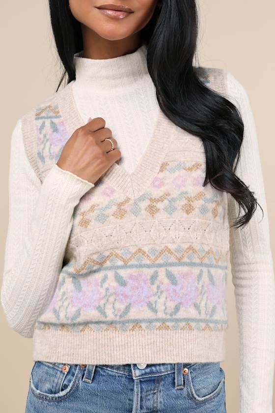 Posh Warmth Beige Floral Sweater Vest