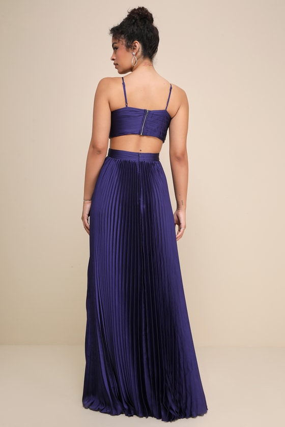 Got the Glam Navy Blue Pleated Cutout Maxi Dress