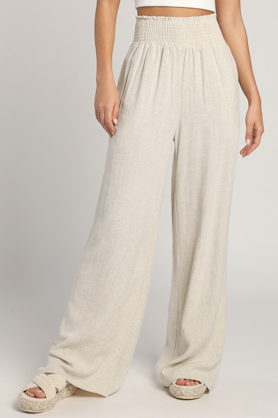 Hit the Breeze Beige Smocked Wide-Leg Pants