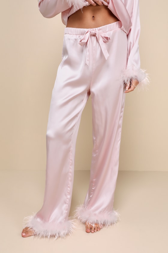 Dreamiest Delight Light Pink Satin Feather Two-Piece Pajama Set