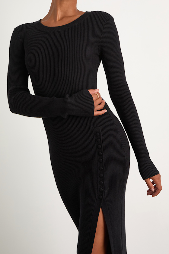 Refined Attitude Black Ribbed Side Button Midi Sweater Dress
