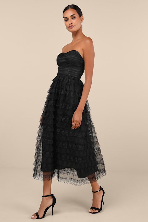 Immensely Exquisite Black Tulle Strapless Tiered Midi Dress