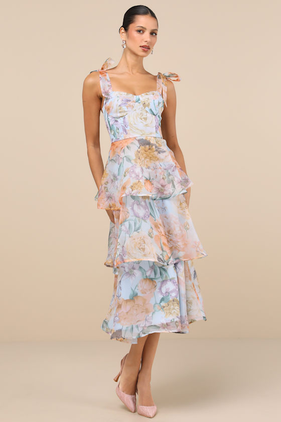 Playfully Posh Blue Floral Organza Tie-Strap Tiered Midi Dress