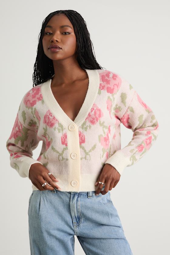 Wylenna Cream and Blush Floral Cropped Cardigan Sweater