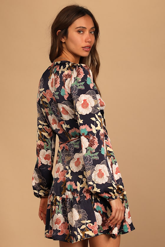 So Splendid Navy Blue Floral Satin Long Sleeve Wrap Dress