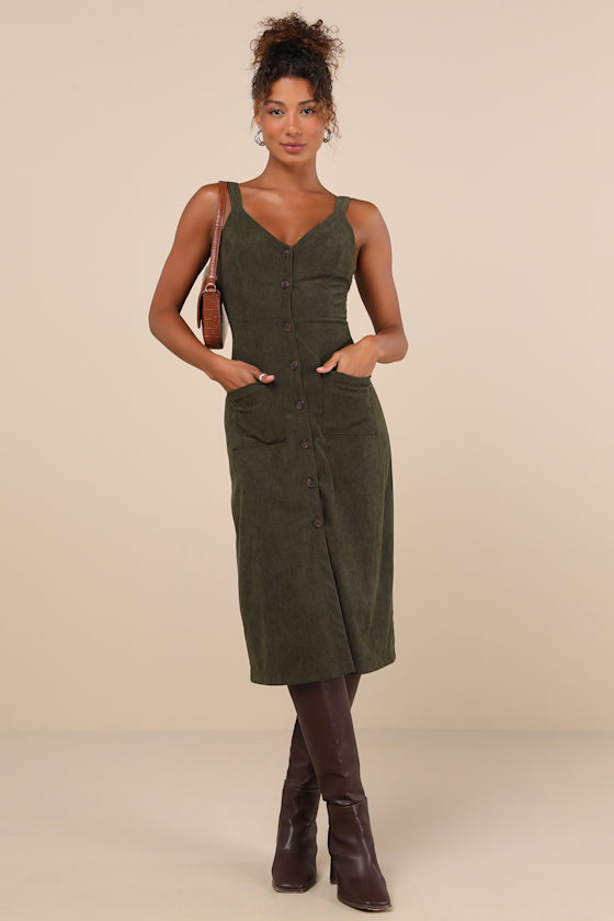 Certainly the Sweetest Olive Corduroy Button-Front Midi Dress