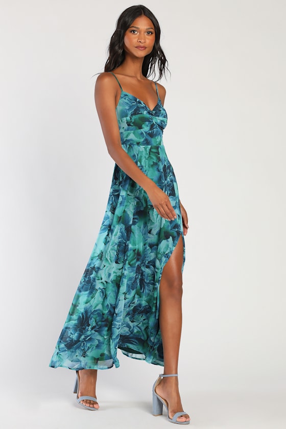 Beautiful Soul Teal Green Floral Print Twist-Front Maxi Dress
