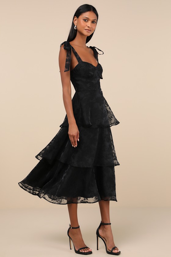 Glamorous Sweetie Black Burnout Tie-Strap Bustier Midi Dress