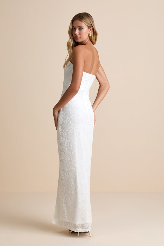 Exquisite White Velvet Burnout Strapless Maxi Dress
