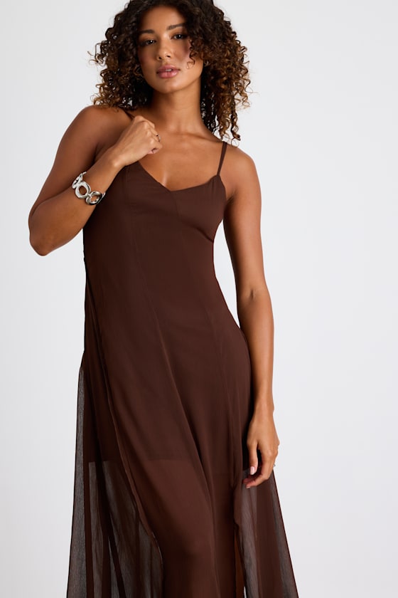 Euroa Brown Seamed Sleeveless Midi Dress