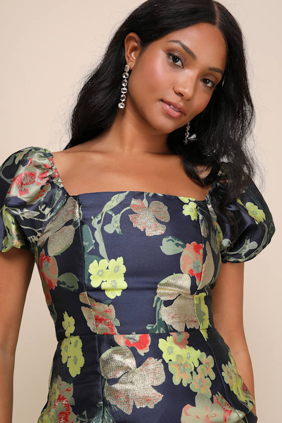So Stunning Navy Blue Floral Jacquard Puff Sleeve Mini Dress