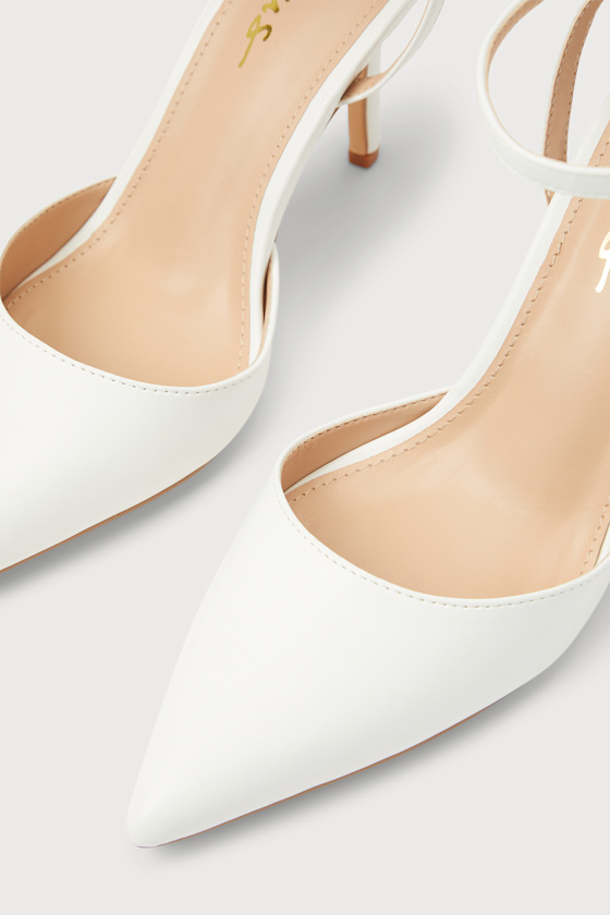 Azalian White Pointed-Toe Ankle Strap Heels