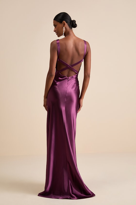 Perfectly Classy Plum Purple Satin Strappy Maxi Dress