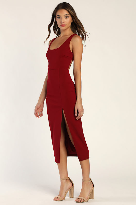 Sultry Elegance Wine Red Cutout Bodycon Midi Dress