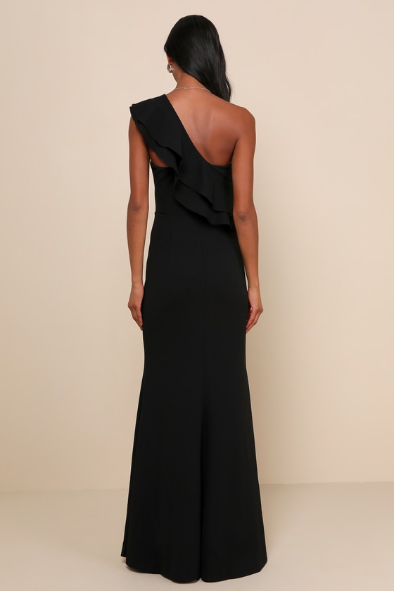 Grand Beauty Black Ruffled One-Shoulder Mermaid Maxi Dress