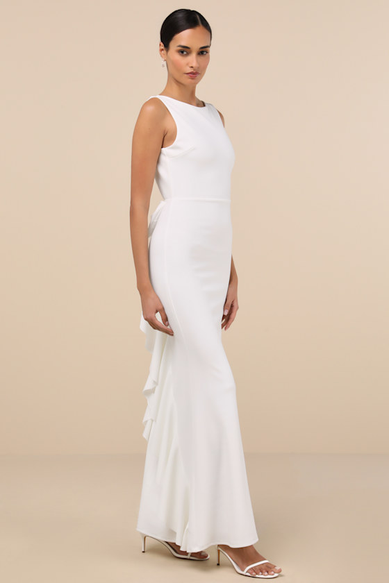Exquisite Refinement Ivory Backless Bow Ruffled Maxi Dress