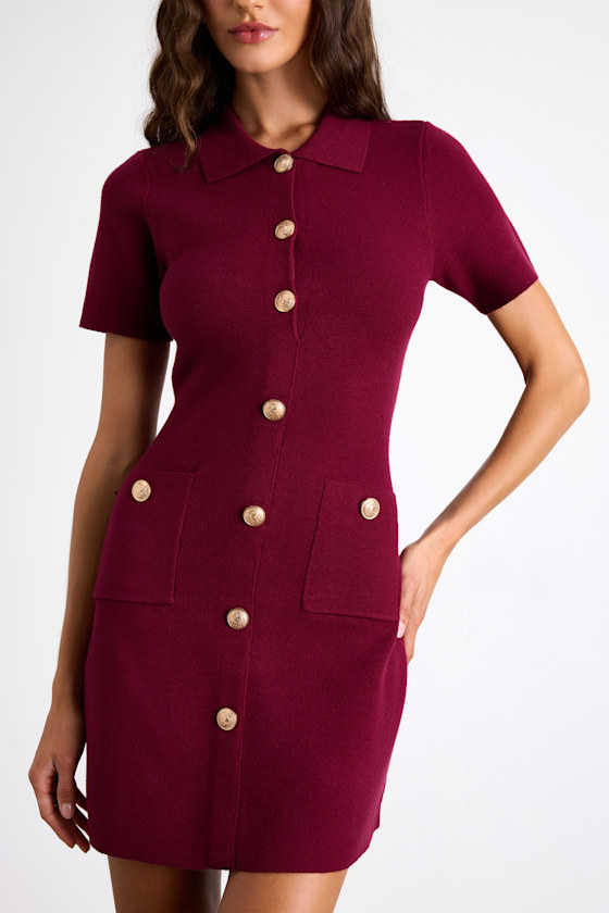Posh Outcome Wine Red Short Sleeve Sweater Mini Dress