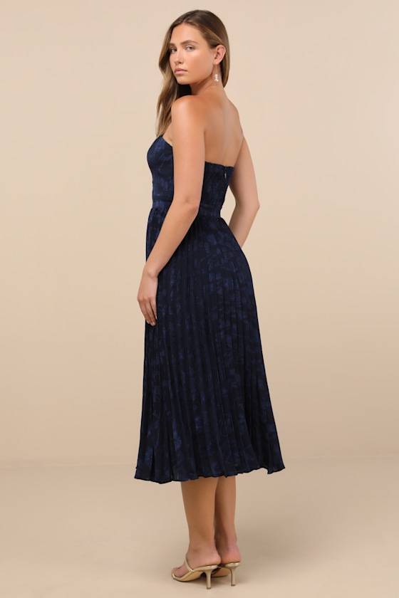 Perfectly Stunning Navy Jacquard Strapless Midi Dress