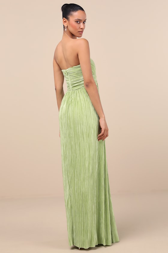 Oswin Lime Green Satin Plisse Strapless Maxi Dress