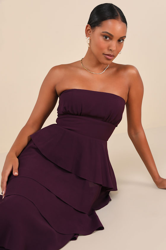 Gorgeous Essence Dark Purple Strapless Tiered Maxi Dress
