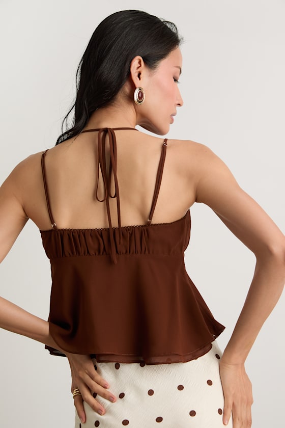 Yasha Brown Tie-Front Babydoll Cami Top