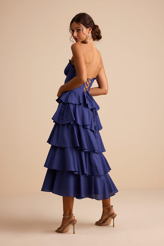 Nayha Blue Strapless Tiered Midi Dress