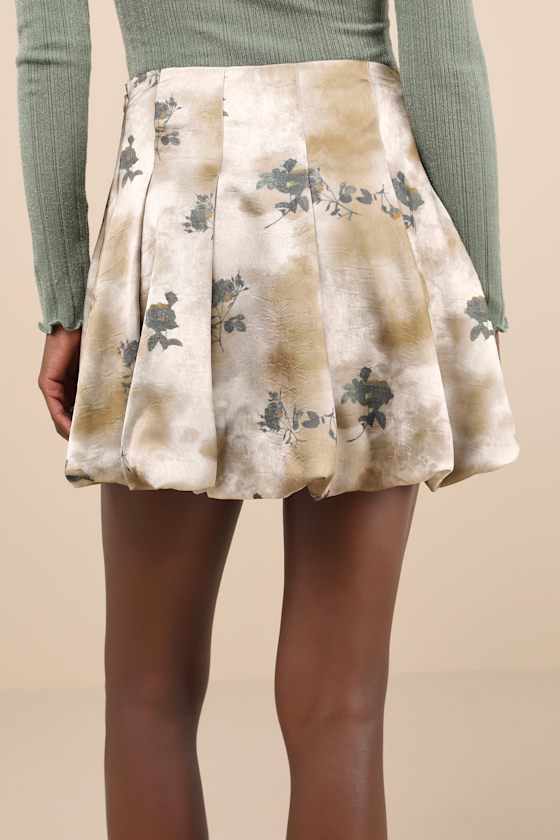 Darling Curation Olive Mottled Floral Bubble-Hem Mini Skirt